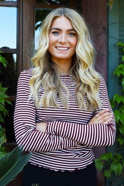 Natalia Ls Round Neck  Blouse | Bordeaux Creme Gold Stripe | Bluse fra Liberté