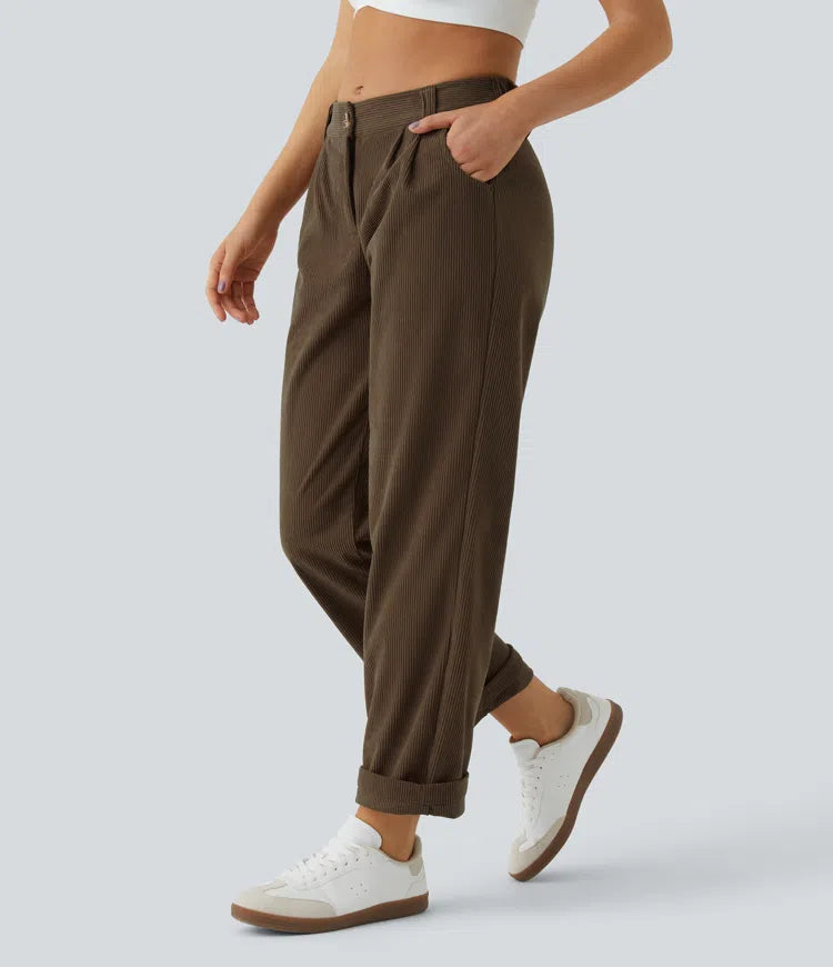 Mid Rise Zipper Pocket Corduroy Casual Pants