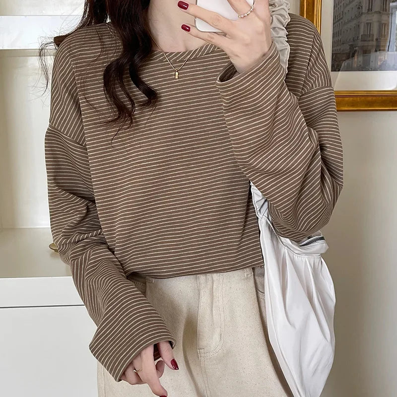 BLØD STRIBET LANG TOP KANEL