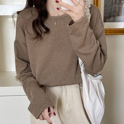 BLØD STRIBET LANG TOP KANEL