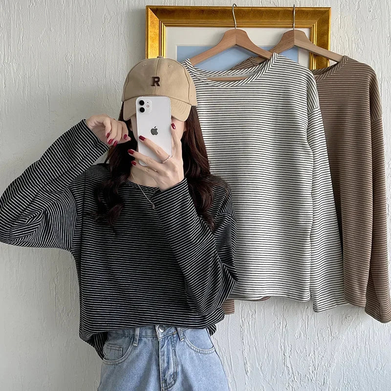 BLØD STRIBET LANG TOP KANEL