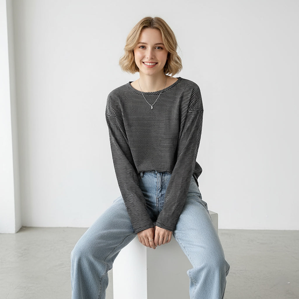 BLØD STRIBET LANG TOP KANEL