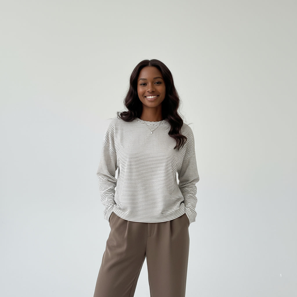 BLØD STRIBET LANG TOP KANEL